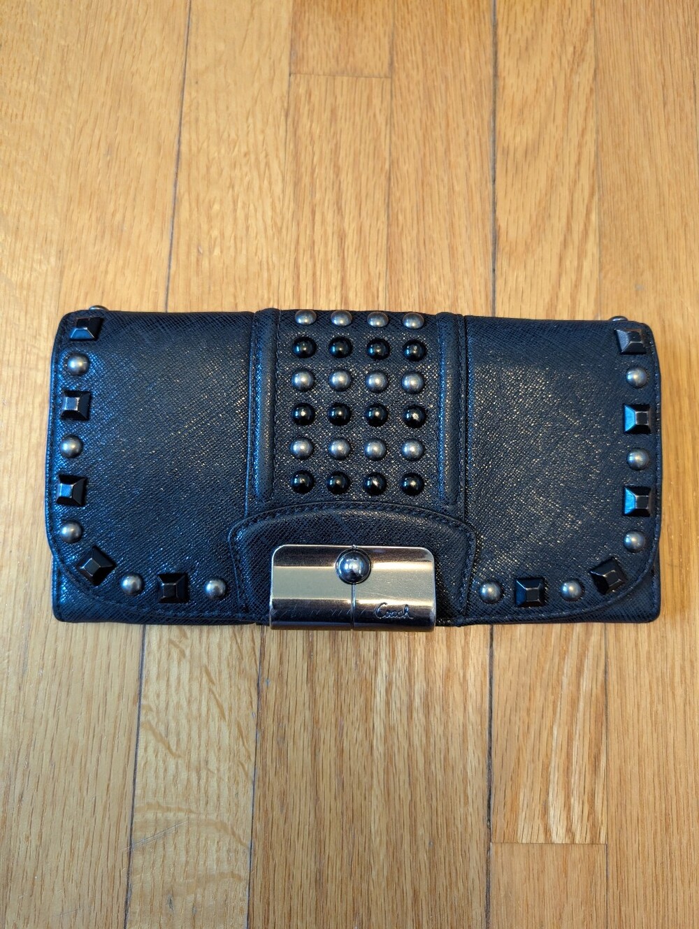 COACH Black Studded Leather Push Lock Flap Long Wallet